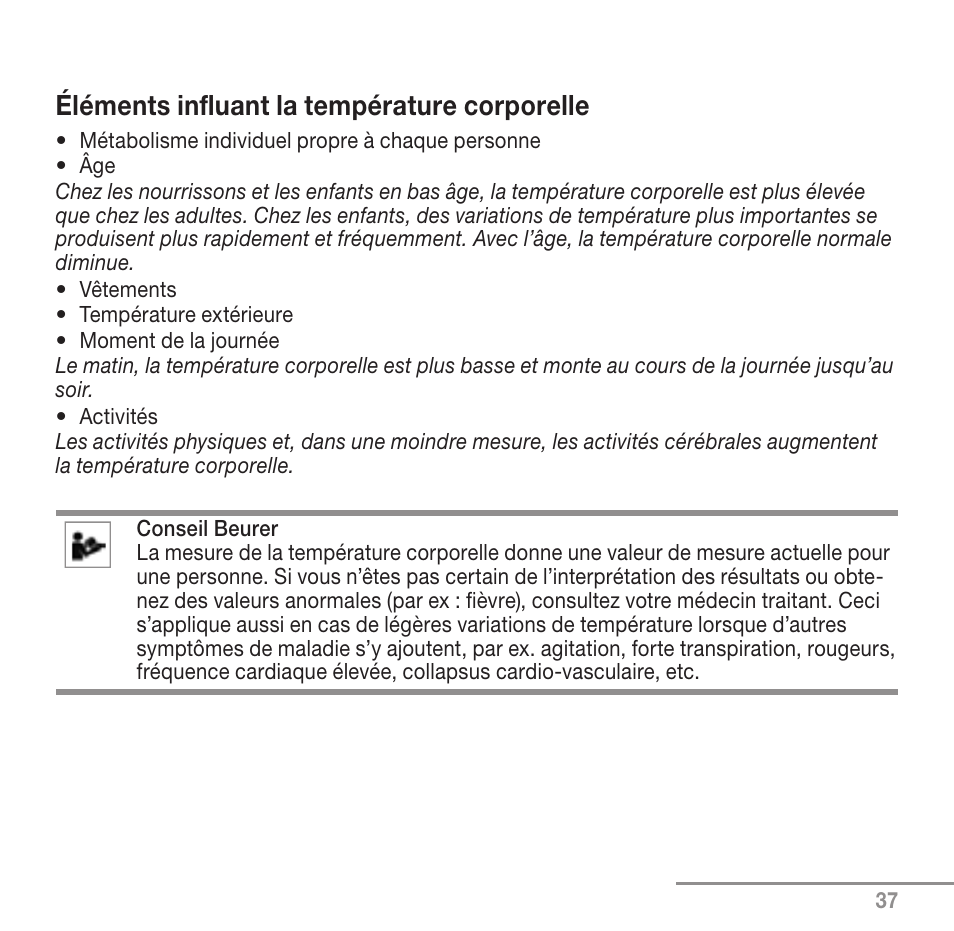 Éléments influant la température corporelle | Beurer FT 90 User Manual | Page 37 / 144