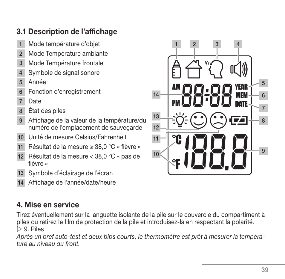 1 description de l’affichage, Mise en service | Beurer FT 90 User Manual | Page 39 / 144