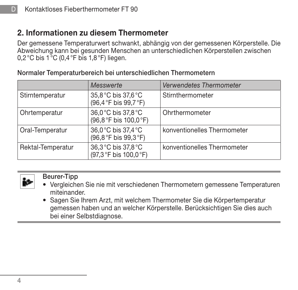 Informationen zu diesem thermometer | Beurer FT 90 User Manual | Page 4 / 144