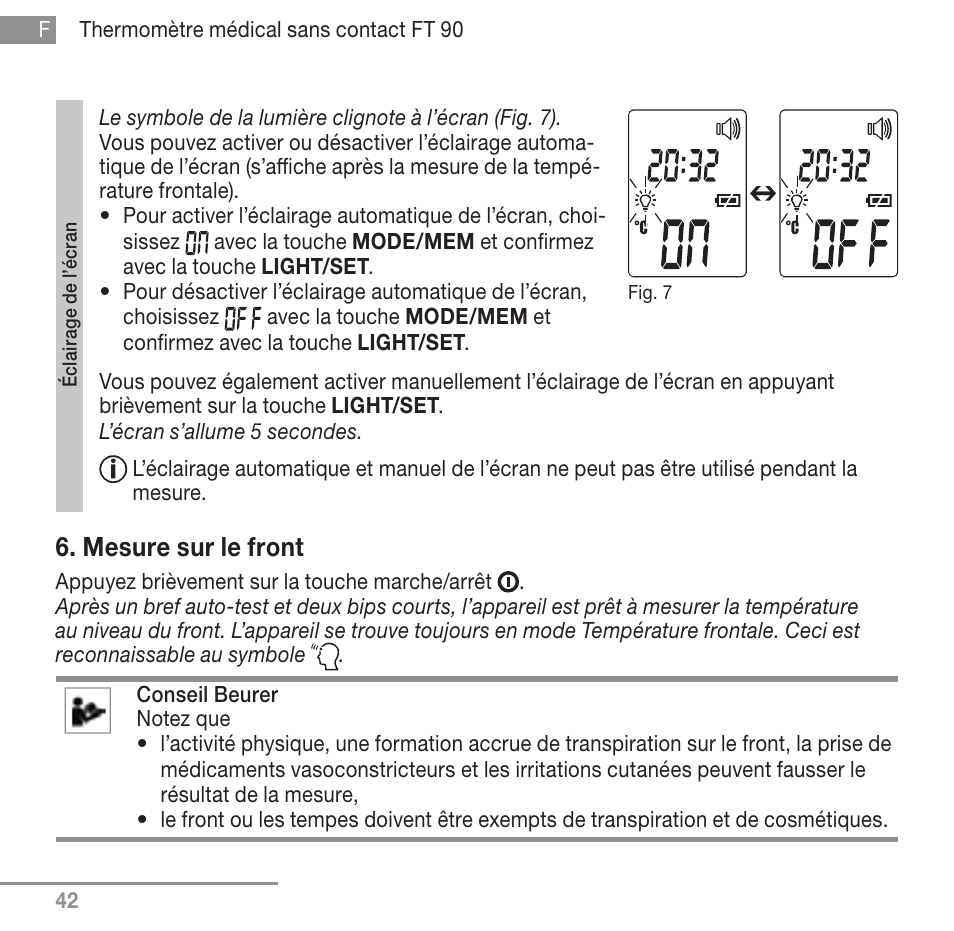 Mesure sur le front | Beurer FT 90 User Manual | Page 42 / 144