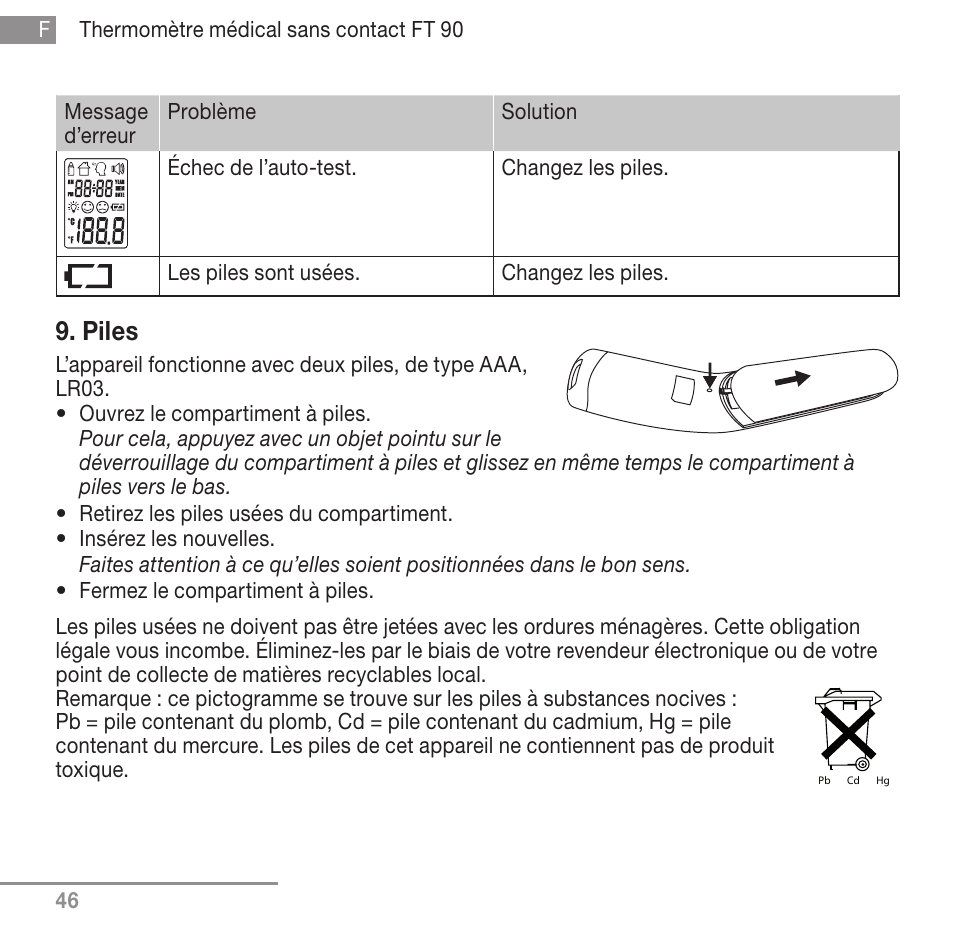 Piles | Beurer FT 90 User Manual | Page 46 / 144