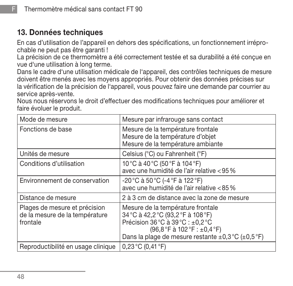 Données techniques | Beurer FT 90 User Manual | Page 48 / 144