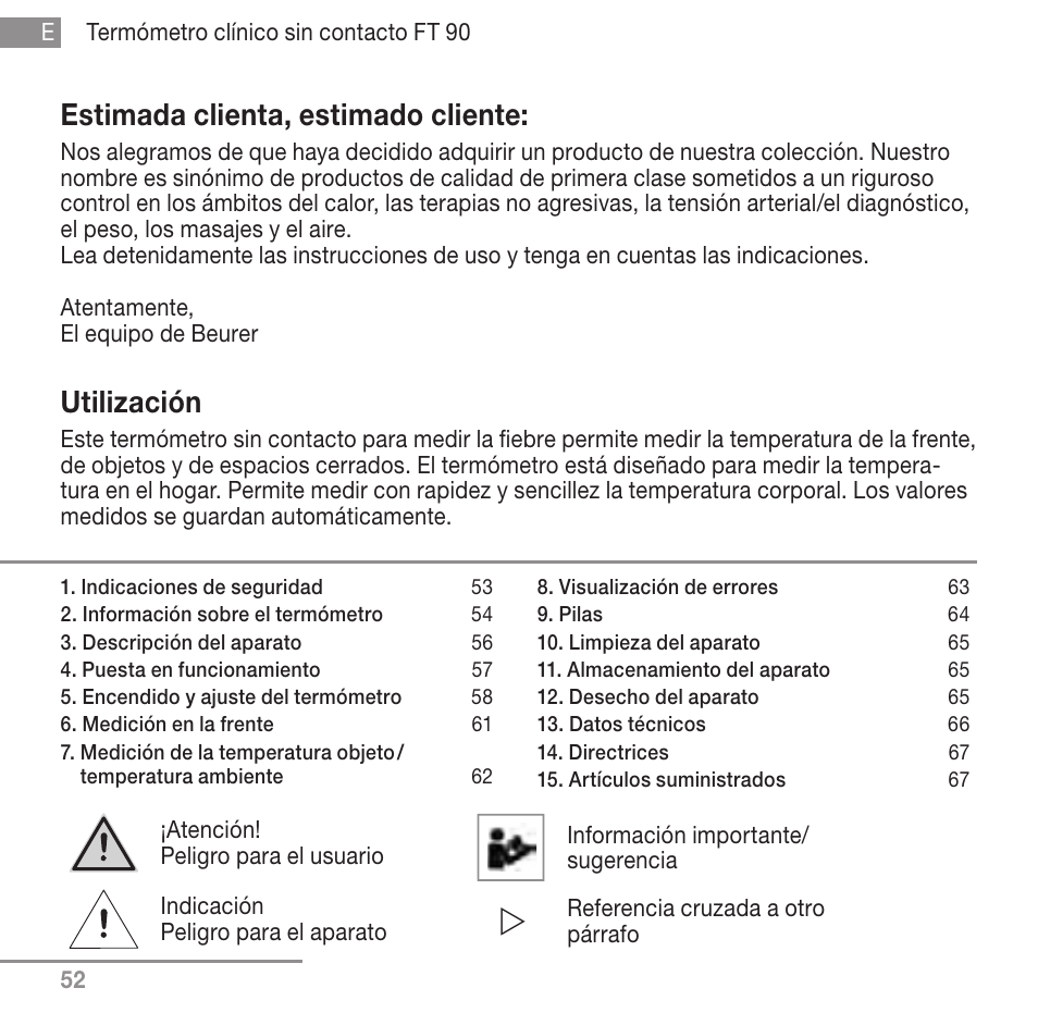 Estimada clienta, estimado cliente, Utilización | Beurer FT 90 User Manual | Page 52 / 144