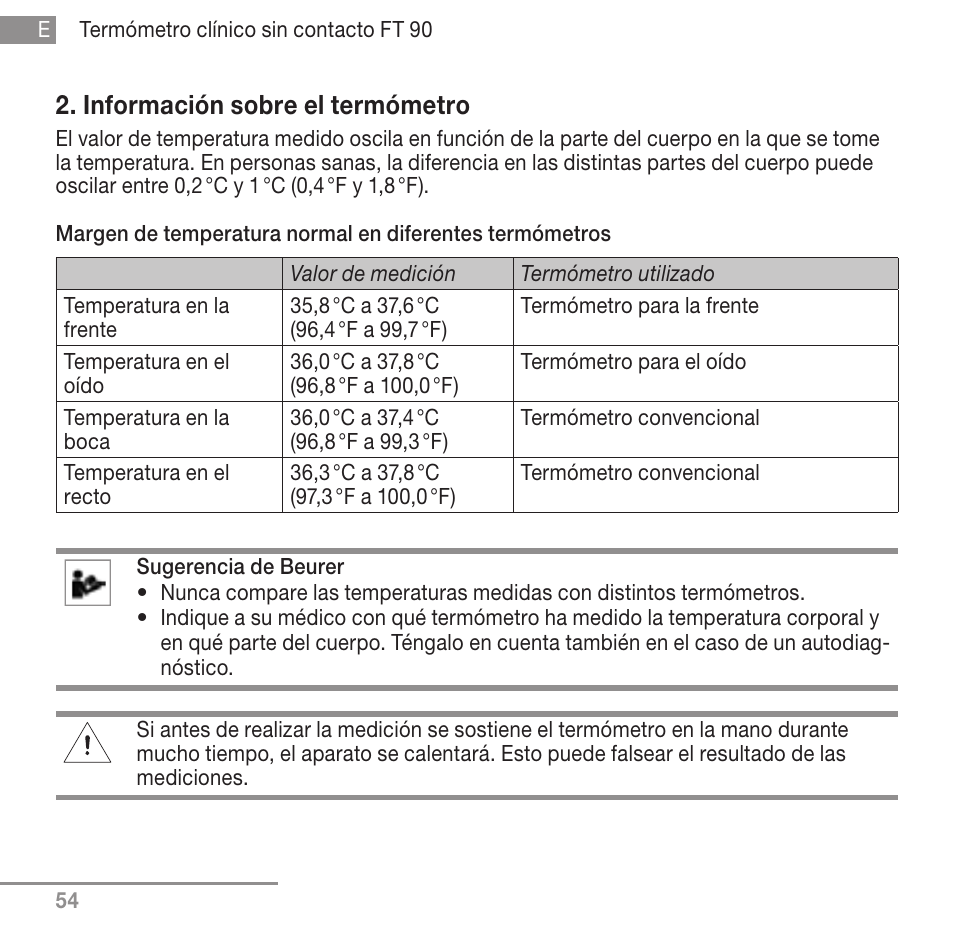 Información sobre el termómetro | Beurer FT 90 User Manual | Page 54 / 144
