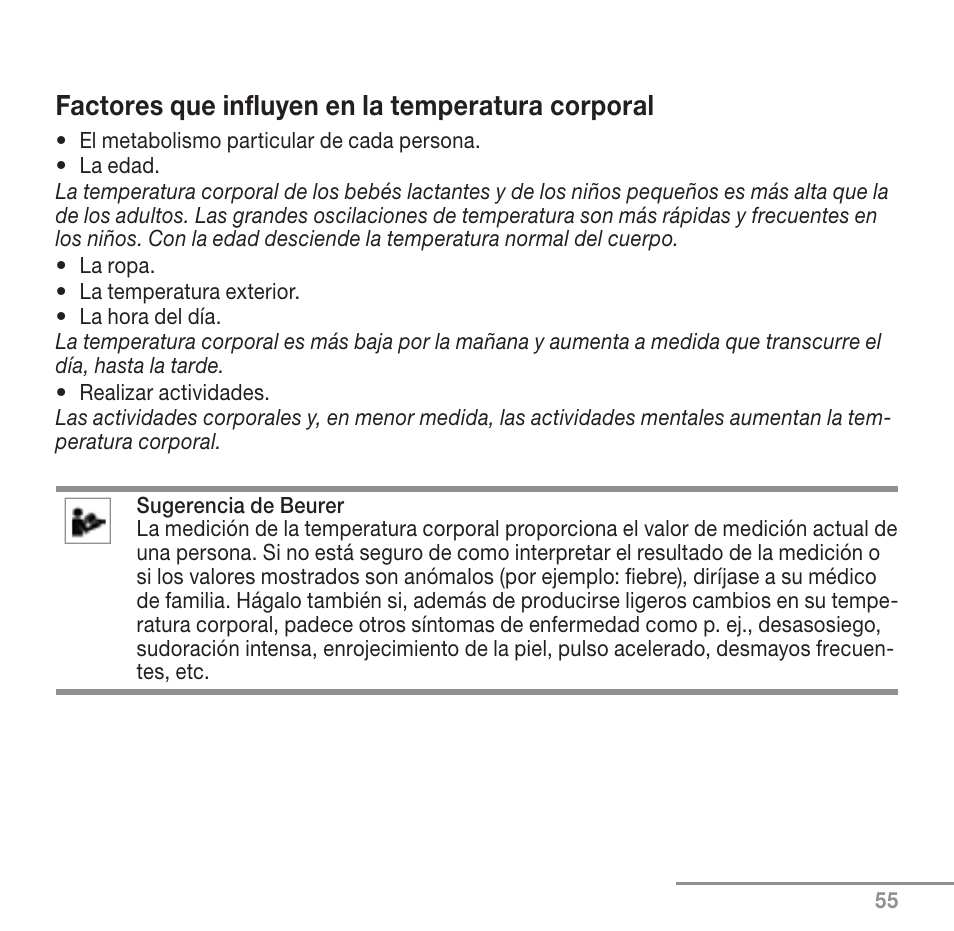 Factores que influyen en la temperatura corporal | Beurer FT 90 User Manual | Page 55 / 144