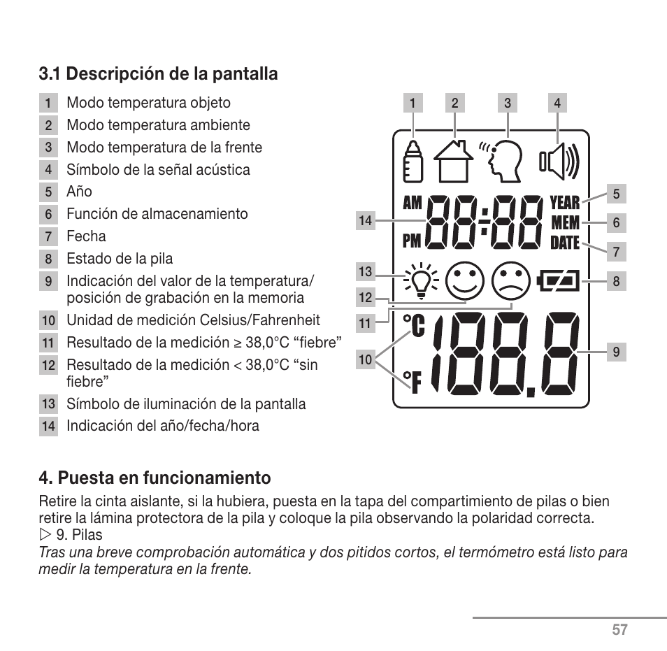 1 descripción de la pantalla, Puesta en funcionamiento | Beurer FT 90 User Manual | Page 57 / 144