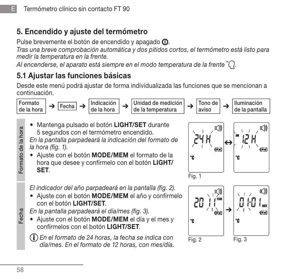 Encendido y ajuste del termómetro, 1 ajustar las funciones básicas | Beurer FT 90 User Manual | Page 58 / 144