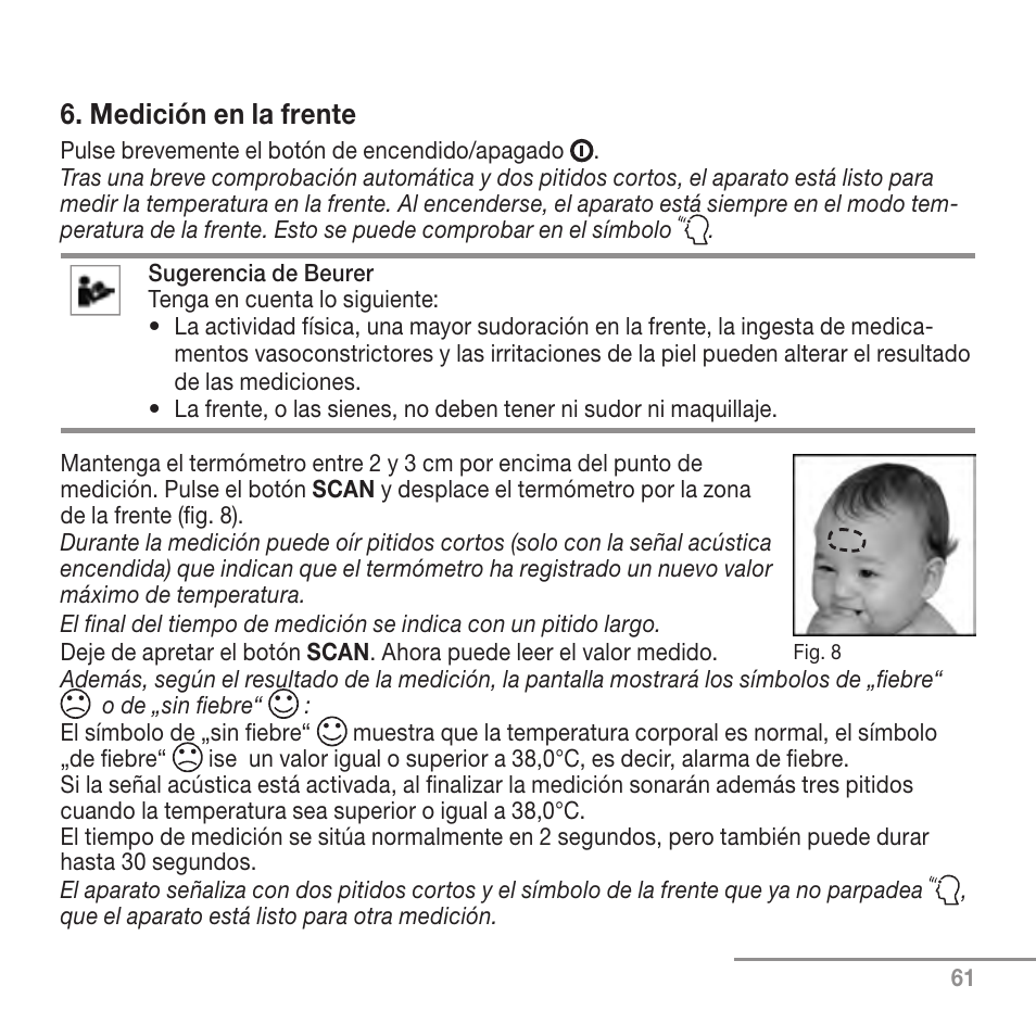 Medición en la frente | Beurer FT 90 User Manual | Page 61 / 144