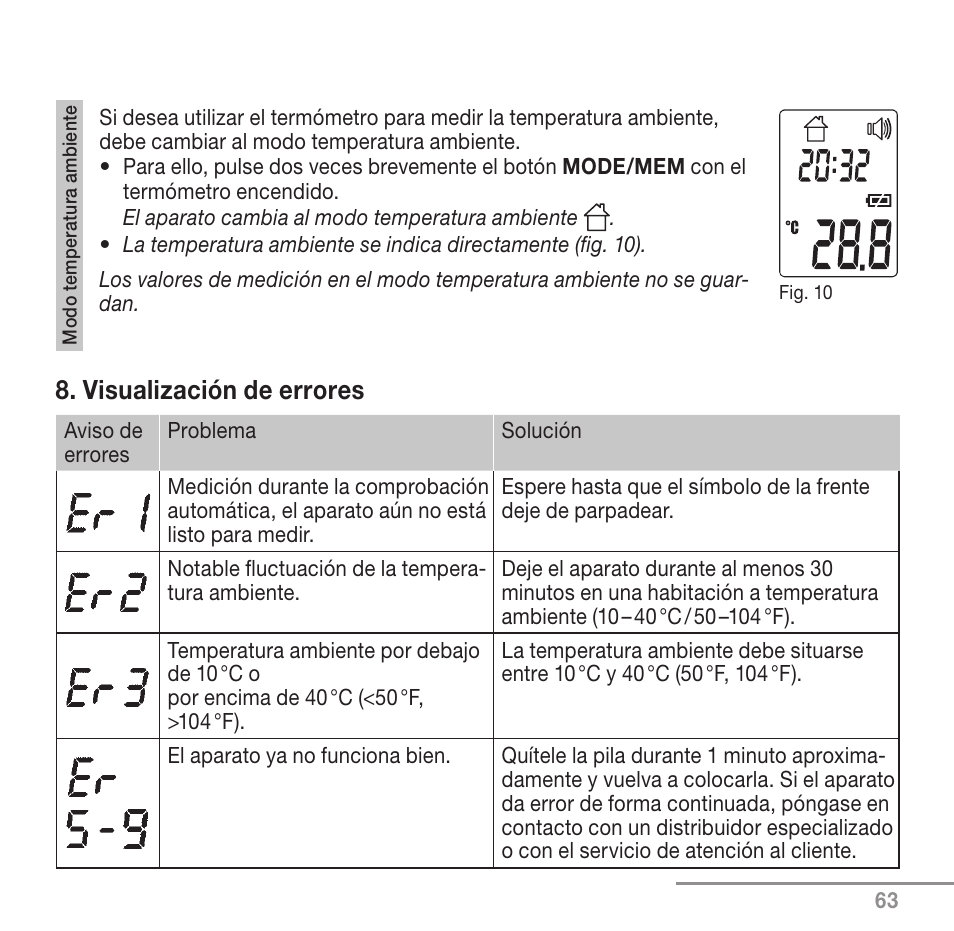 Visualización de errores | Beurer FT 90 User Manual | Page 63 / 144
