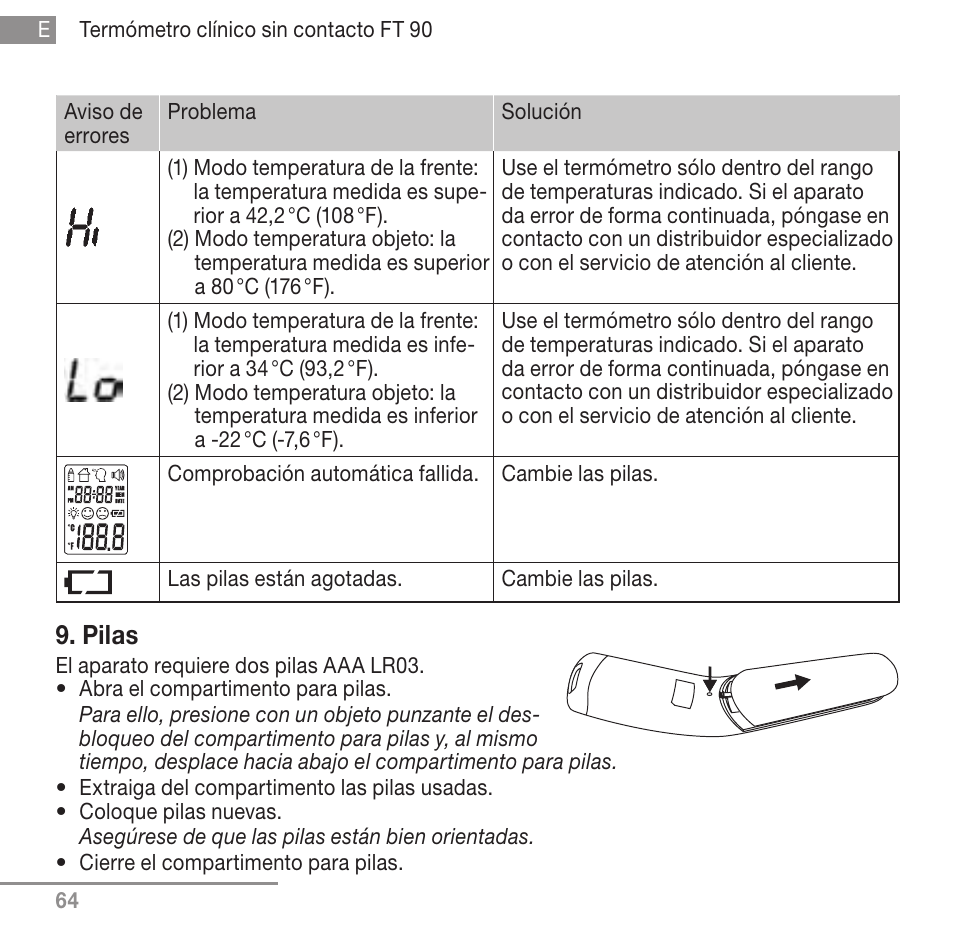 Pilas | Beurer FT 90 User Manual | Page 64 / 144