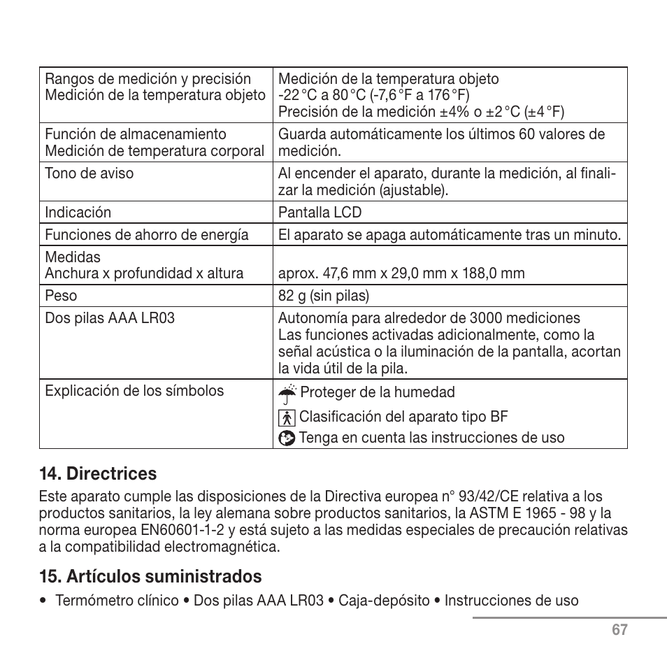 Directrices, Artículos suministrados | Beurer FT 90 User Manual | Page 67 / 144