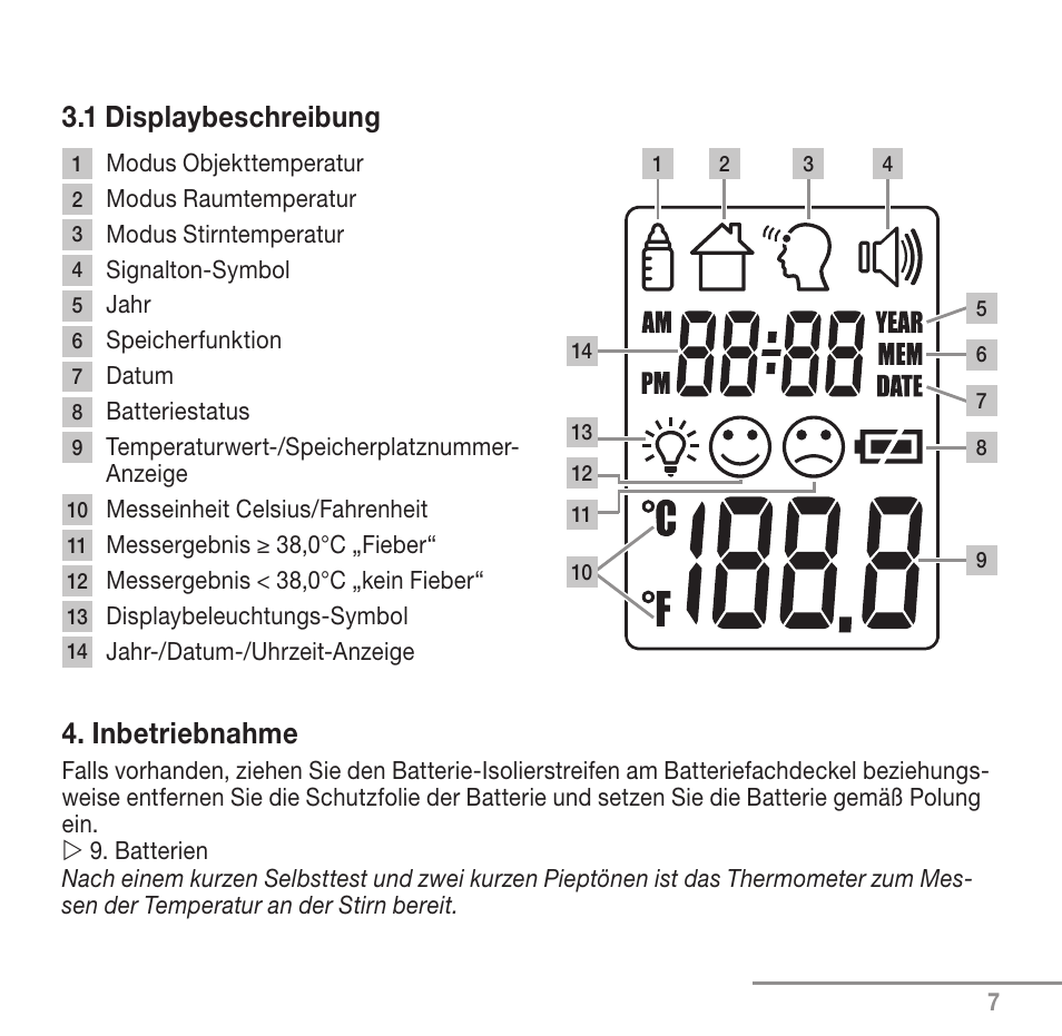 1 displaybeschreibung, Inbetriebnahme | Beurer FT 90 User Manual | Page 7 / 144