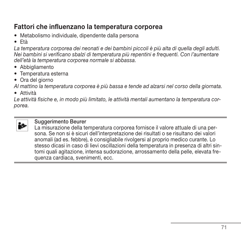 Fattori che influenzano la temperatura corporea | Beurer FT 90 User Manual | Page 71 / 144