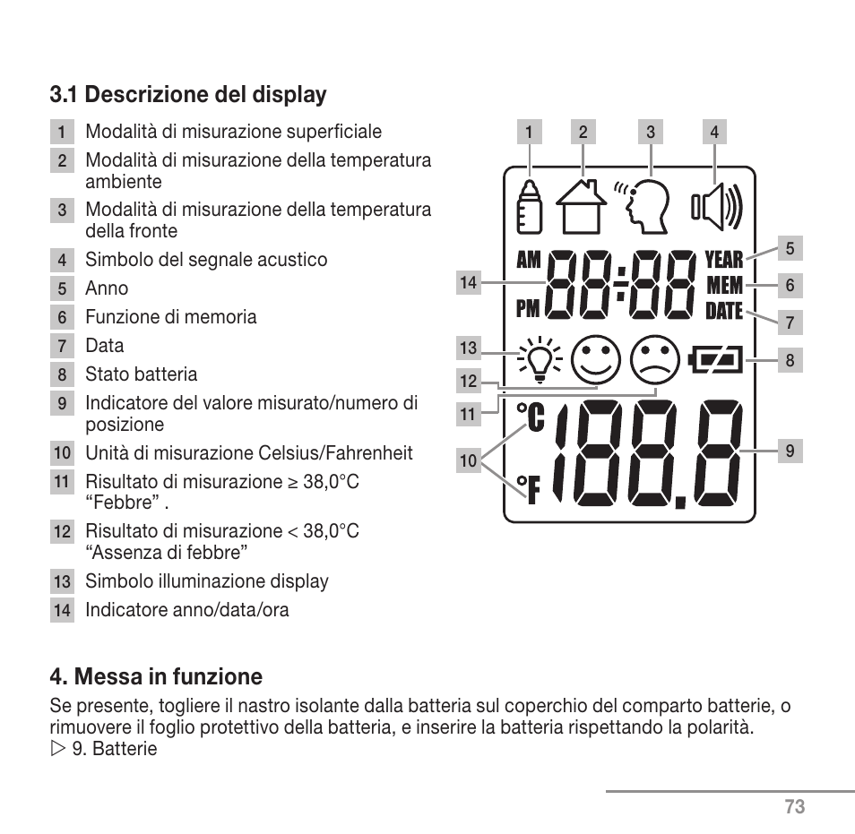 1 descrizione del display, Messa in funzione | Beurer FT 90 User Manual | Page 73 / 144