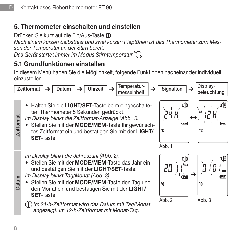 Thermometer einschalten und einstellen, 1 grundfunktionen einstellen | Beurer FT 90 User Manual | Page 8 / 144