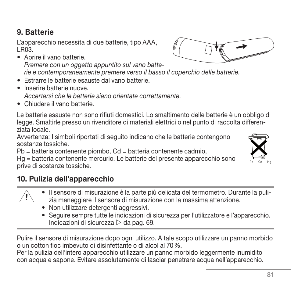 Batterie, Pulizia dell’apparecchio | Beurer FT 90 User Manual | Page 81 / 144