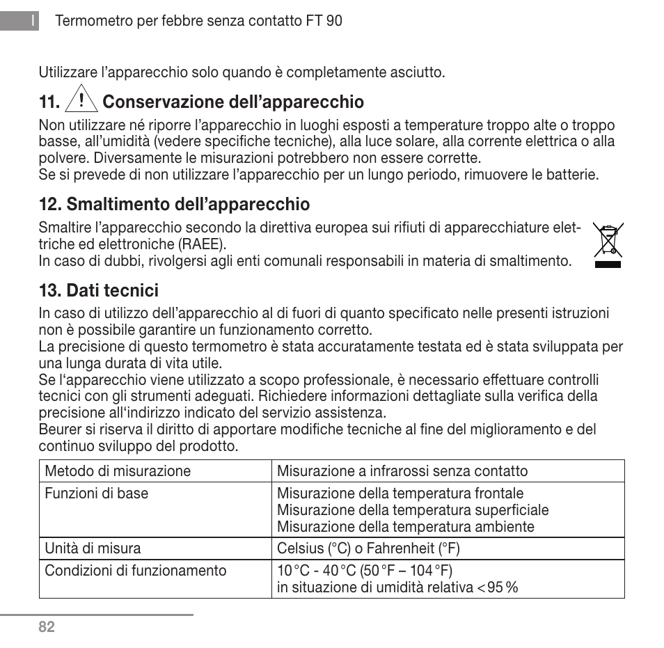 Conservazione dell’apparecchio, Smaltimento dell’apparecchio, Dati tecnici | Beurer FT 90 User Manual | Page 82 / 144