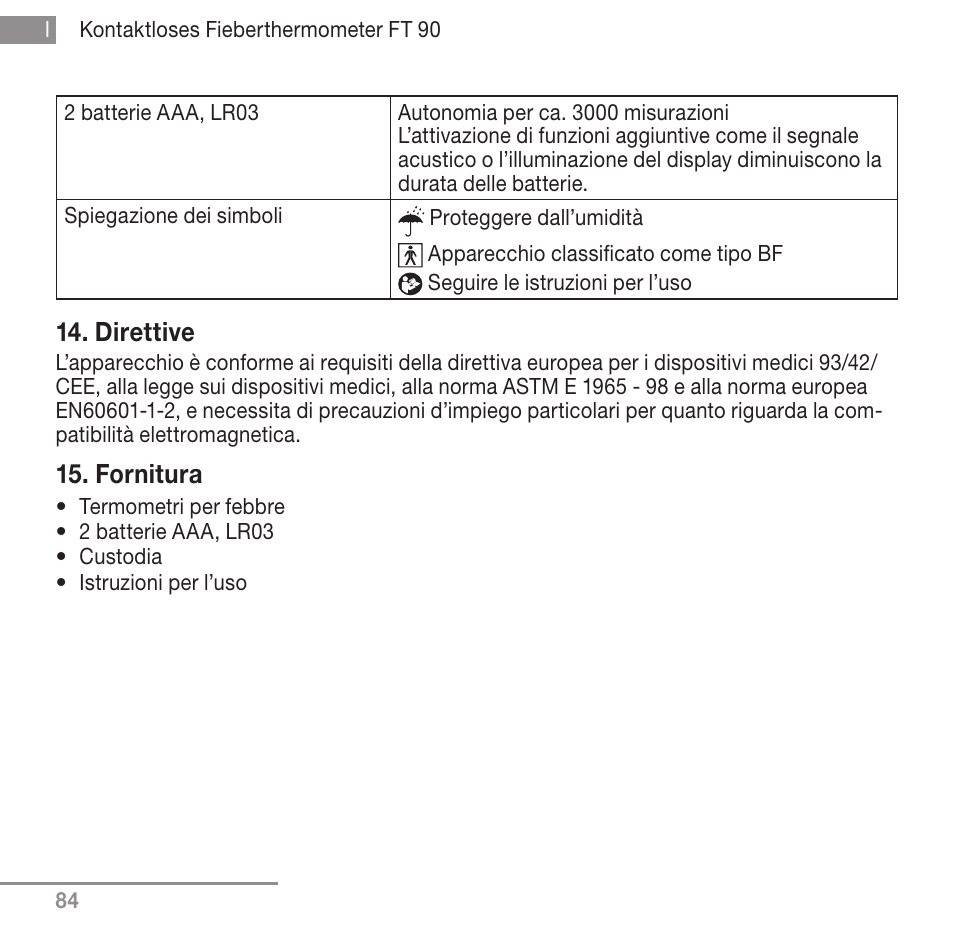 Direttive, Fornitura | Beurer FT 90 User Manual | Page 84 / 144