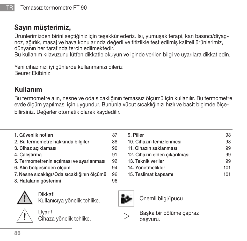 Sayın müşterimiz, Kullanım | Beurer FT 90 User Manual | Page 86 / 144