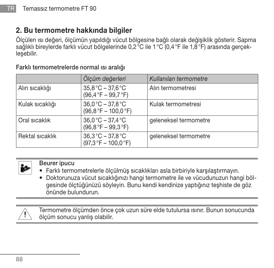 Bu termometre hakkında bilgiler | Beurer FT 90 User Manual | Page 88 / 144