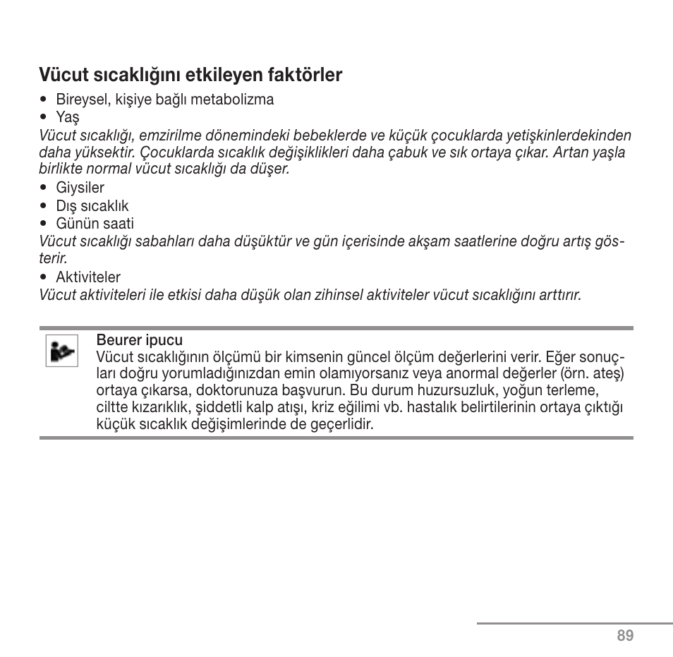 Vücut sıcaklığını etkileyen faktörler | Beurer FT 90 User Manual | Page 89 / 144