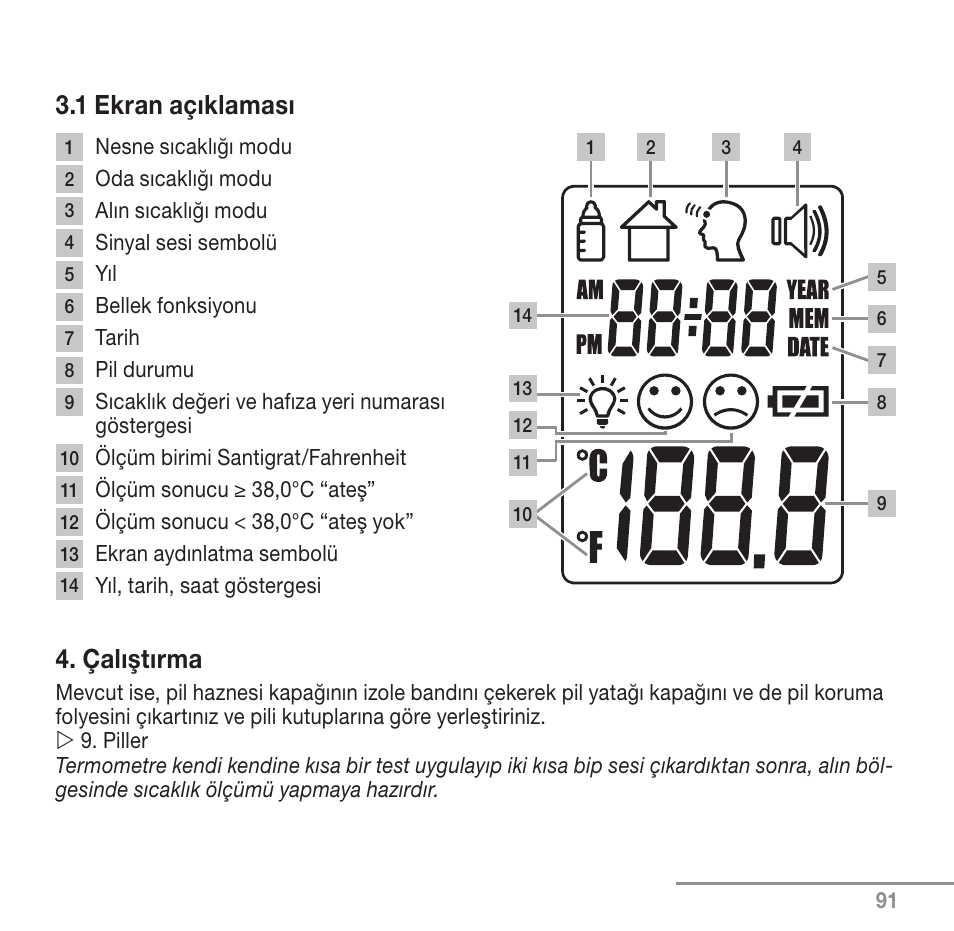 1 ekran açıklaması, Çalıştırma | Beurer FT 90 User Manual | Page 91 / 144