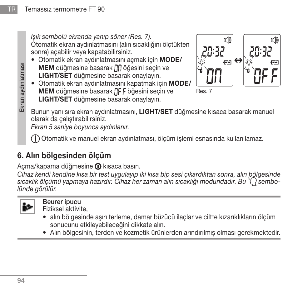 Alın bölgesinden ölçüm | Beurer FT 90 User Manual | Page 94 / 144