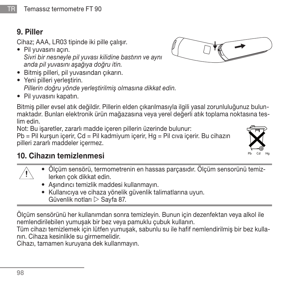 Piller, Cihazın temizlenmesi | Beurer FT 90 User Manual | Page 98 / 144