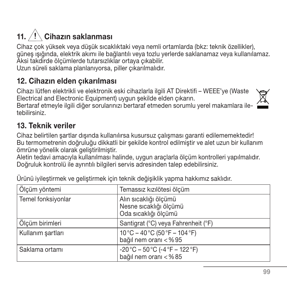 Cihazın saklanması, Cihazın elden çıkarılması, Teknik veriler | Beurer FT 90 User Manual | Page 99 / 144