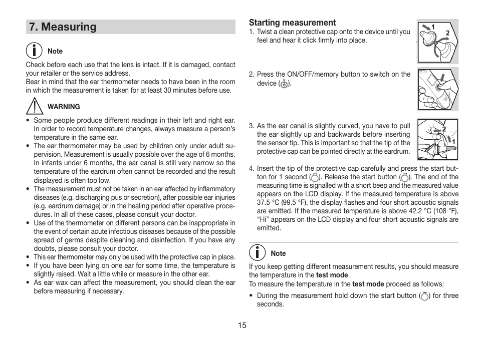 Measuring, Starting measurement | Beurer FT 78 User Manual | Page 15 / 72
