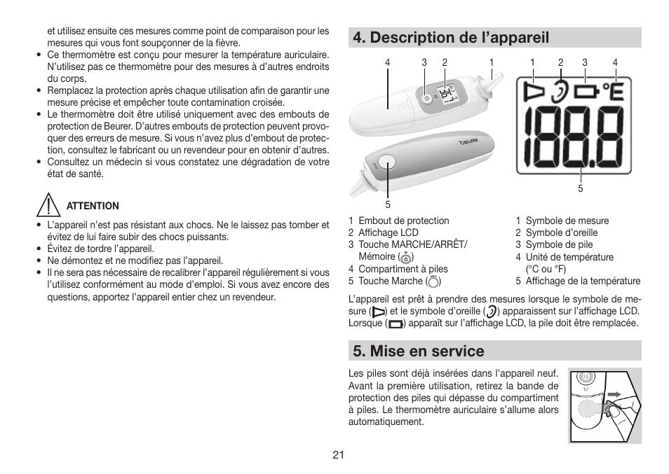 Description de l’appareil, Mise en service | Beurer FT 78 User Manual | Page 21 / 72