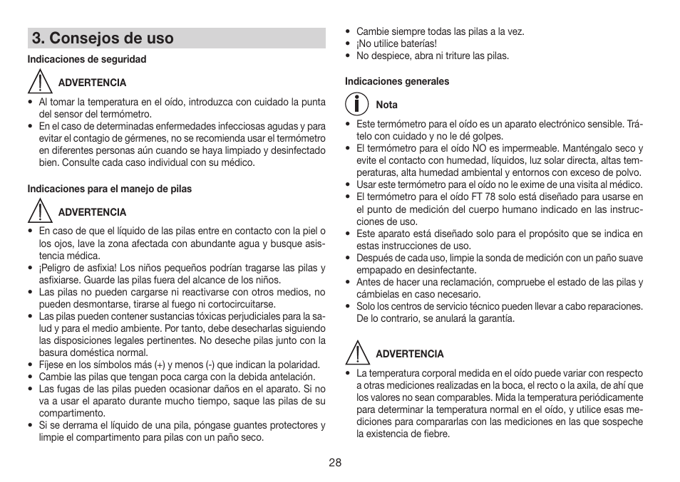 Consejos de uso | Beurer FT 78 User Manual | Page 28 / 72