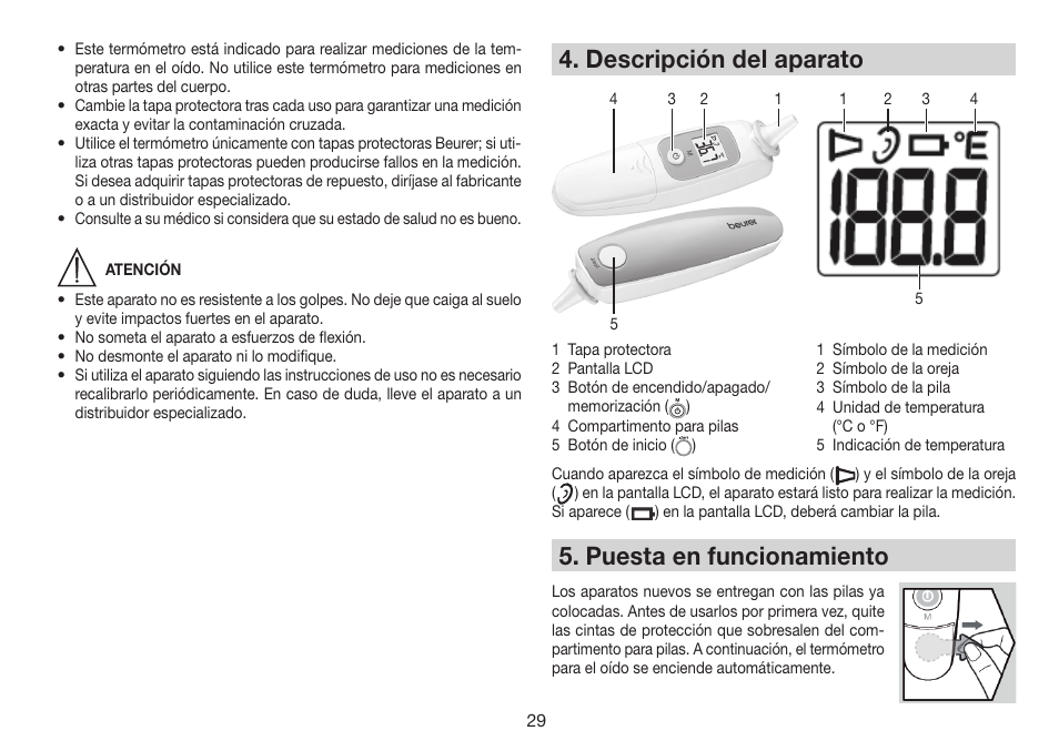 Descripción del aparato, Puesta en funcionamiento | Beurer FT 78 User Manual | Page 29 / 72