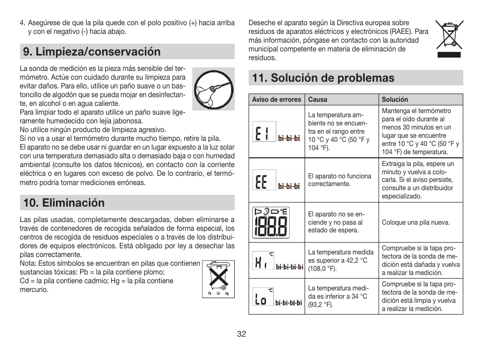 Limpieza/conservación, Eliminación, Solución de problemas | Beurer FT 78 User Manual | Page 32 / 72