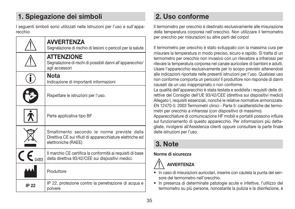 Spiegazione dei simboli, Uso conforme, Avvertenza | Attenzione, Nota | Beurer FT 78 User Manual | Page 35 / 72