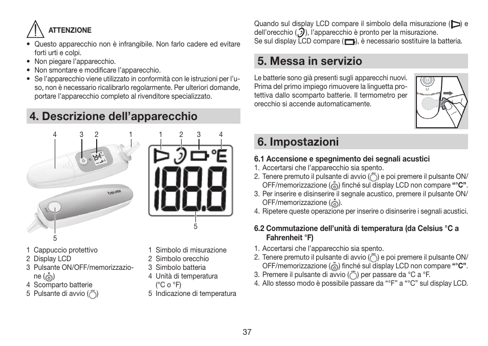 Descrizione dell’apparecchio, Messa in servizio, Impostazioni | Beurer FT 78 User Manual | Page 37 / 72