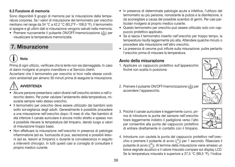 Misurazione, Avvio della misurazione | Beurer FT 78 User Manual | Page 38 / 72