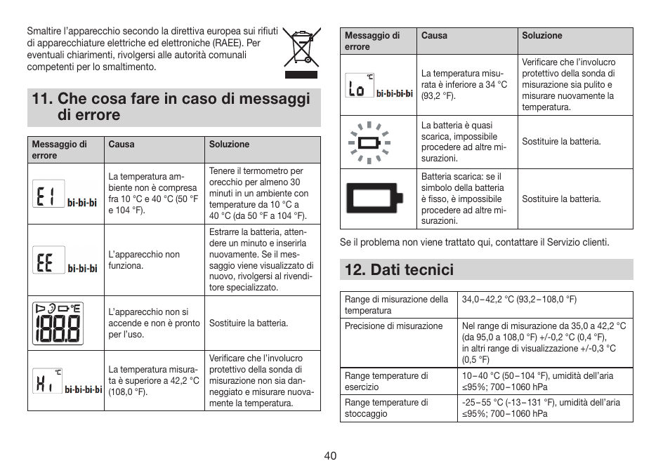 Che cosa fare in caso di messaggi di errore, Dati tecnici | Beurer FT 78 User Manual | Page 40 / 72