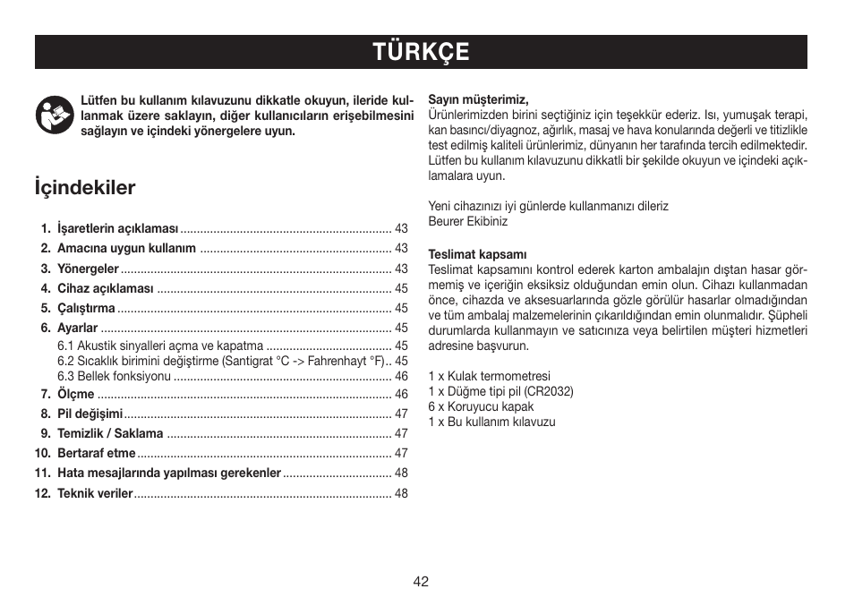 Türkçe, Içindekiler | Beurer FT 78 User Manual | Page 42 / 72