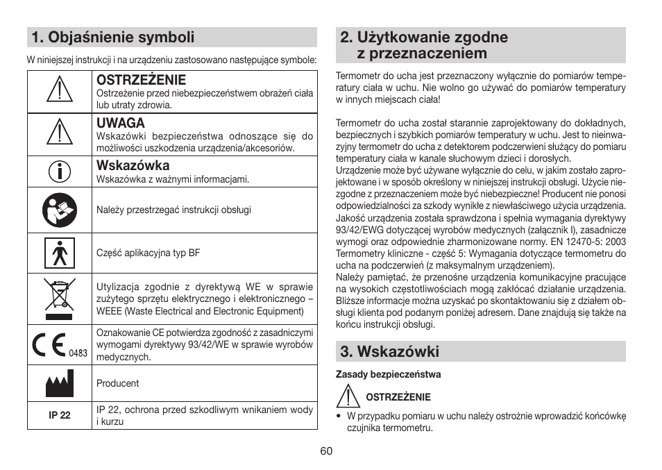 Objaśnienie symboli, Użytkowanie zgodne z przeznaczeniem, Wskazówki | Ostrzeżenie, Uwaga, Wskazówka | Beurer FT 78 User Manual | Page 60 / 72