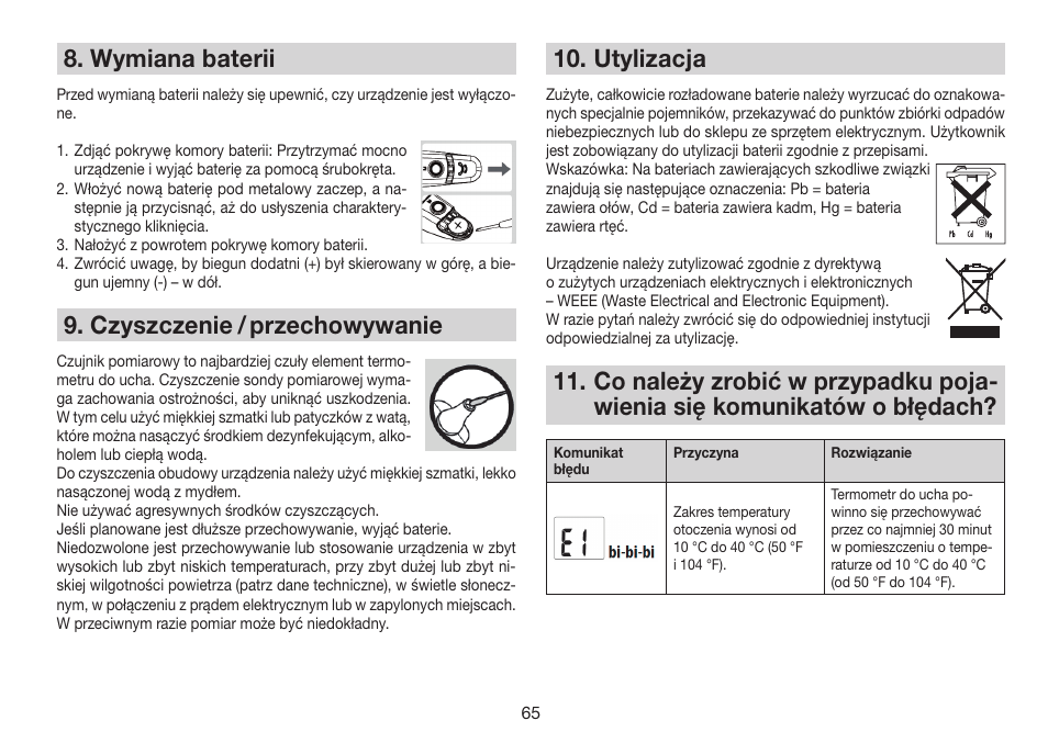 Wymiana baterii, Czyszczenie / przechowywanie, Utylizacja | Beurer FT 78 User Manual | Page 65 / 72