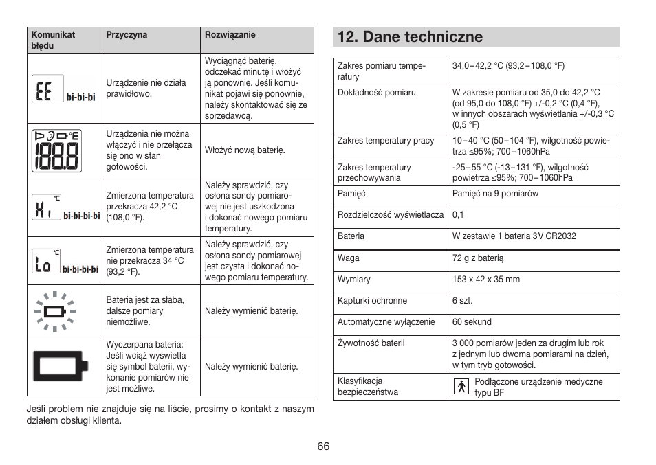 Dane techniczne | Beurer FT 78 User Manual | Page 66 / 72