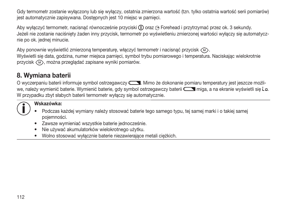 Wymiana baterii | Beurer FT 70 User Manual | Page 112 / 120