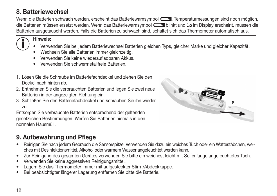 Batteriewechsel, Aufbewahrung und pﬂ ege | Beurer FT 70 User Manual | Page 12 / 120