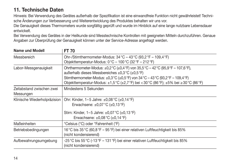 Technische daten | Beurer FT 70 User Manual | Page 14 / 120