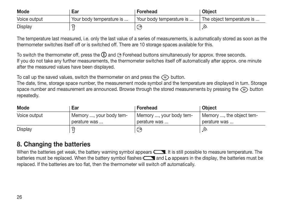 Changing the batteries | Beurer FT 70 User Manual | Page 26 / 120