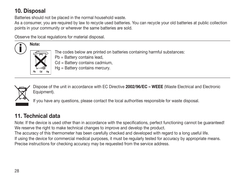 Disposal, Technical data | Beurer FT 70 User Manual | Page 28 / 120