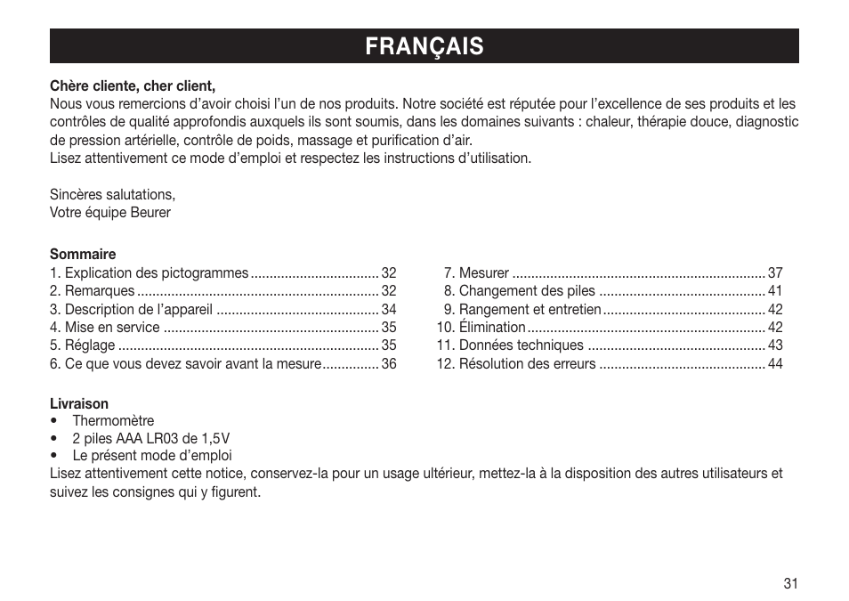 Français | Beurer FT 70 User Manual | Page 31 / 120