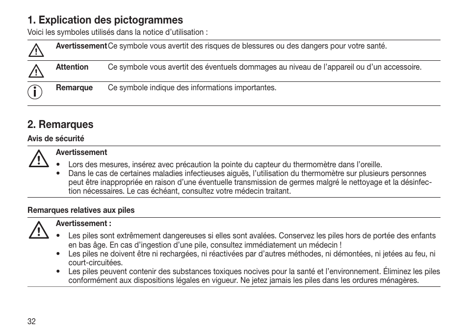 Explication des pictogrammes, Remarques | Beurer FT 70 User Manual | Page 32 / 120
