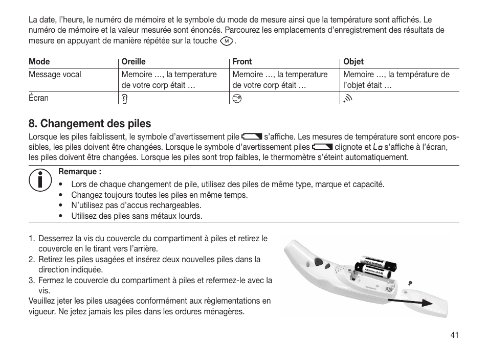 Changement des piles | Beurer FT 70 User Manual | Page 41 / 120